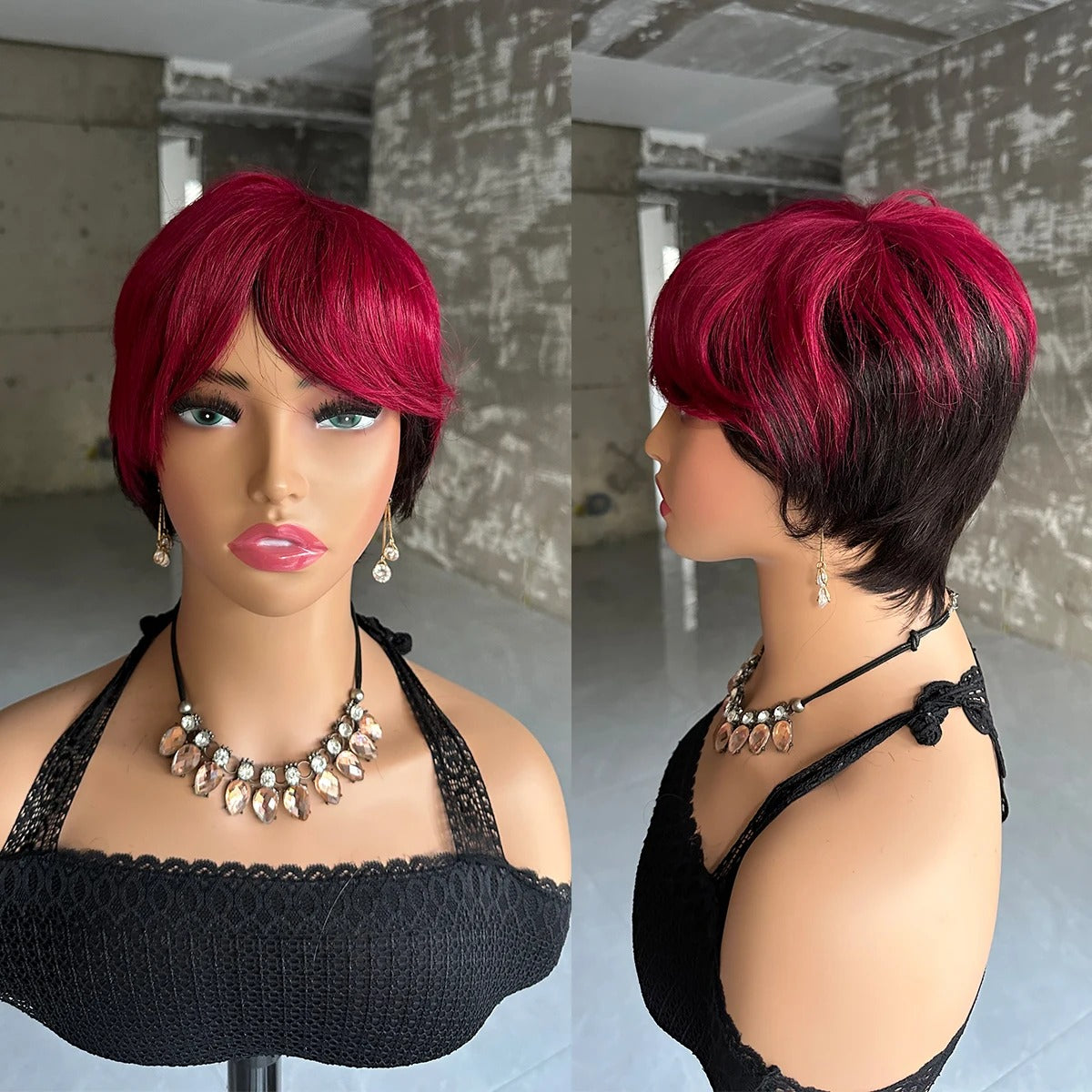 Perruque cheveux naturels rouge rubis intense avec base noire