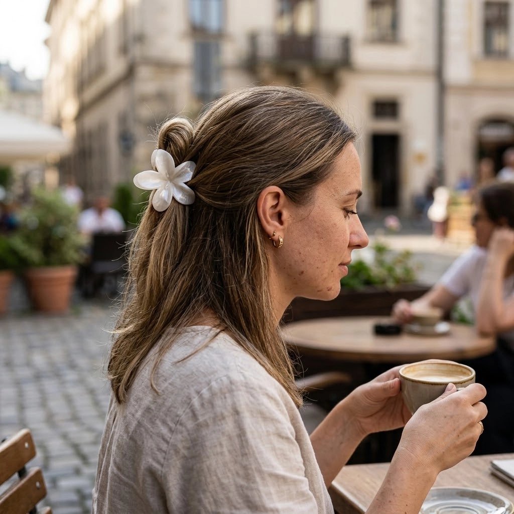 Pince fleur cheveux- Femme qui sort