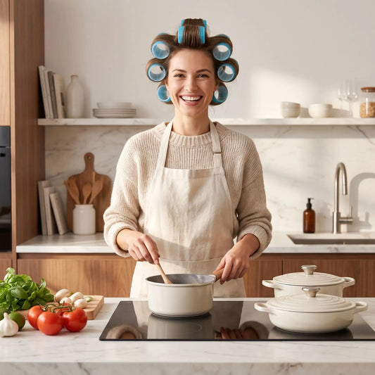 Bigoudis bigoudis bleu femme qui cuisine