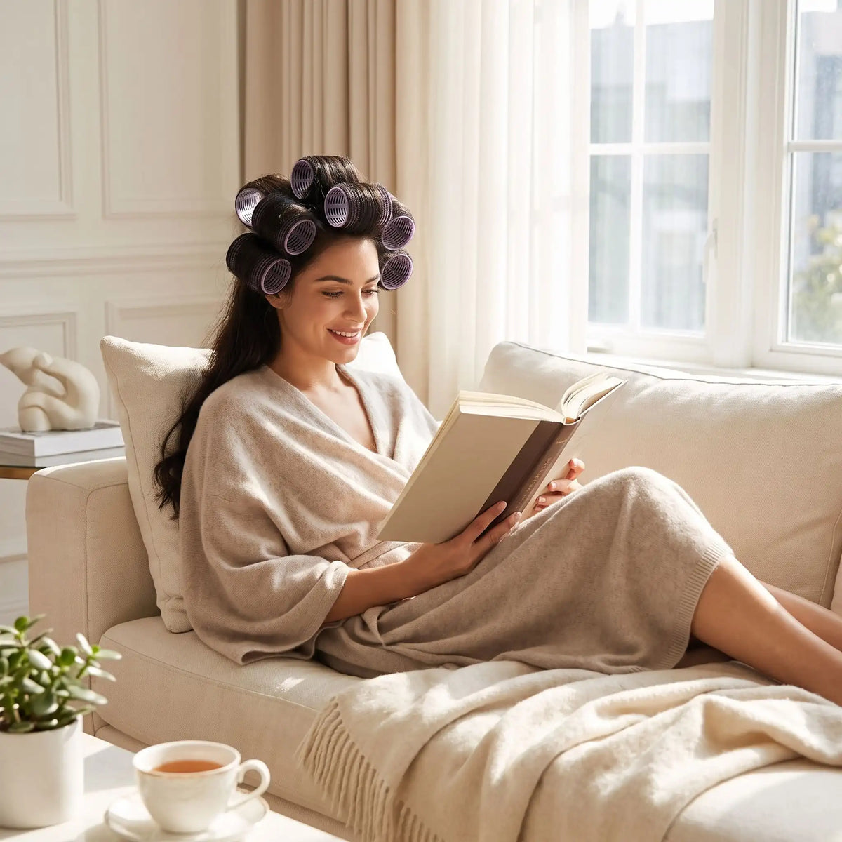 Bigoudis chauffants femme qui lit