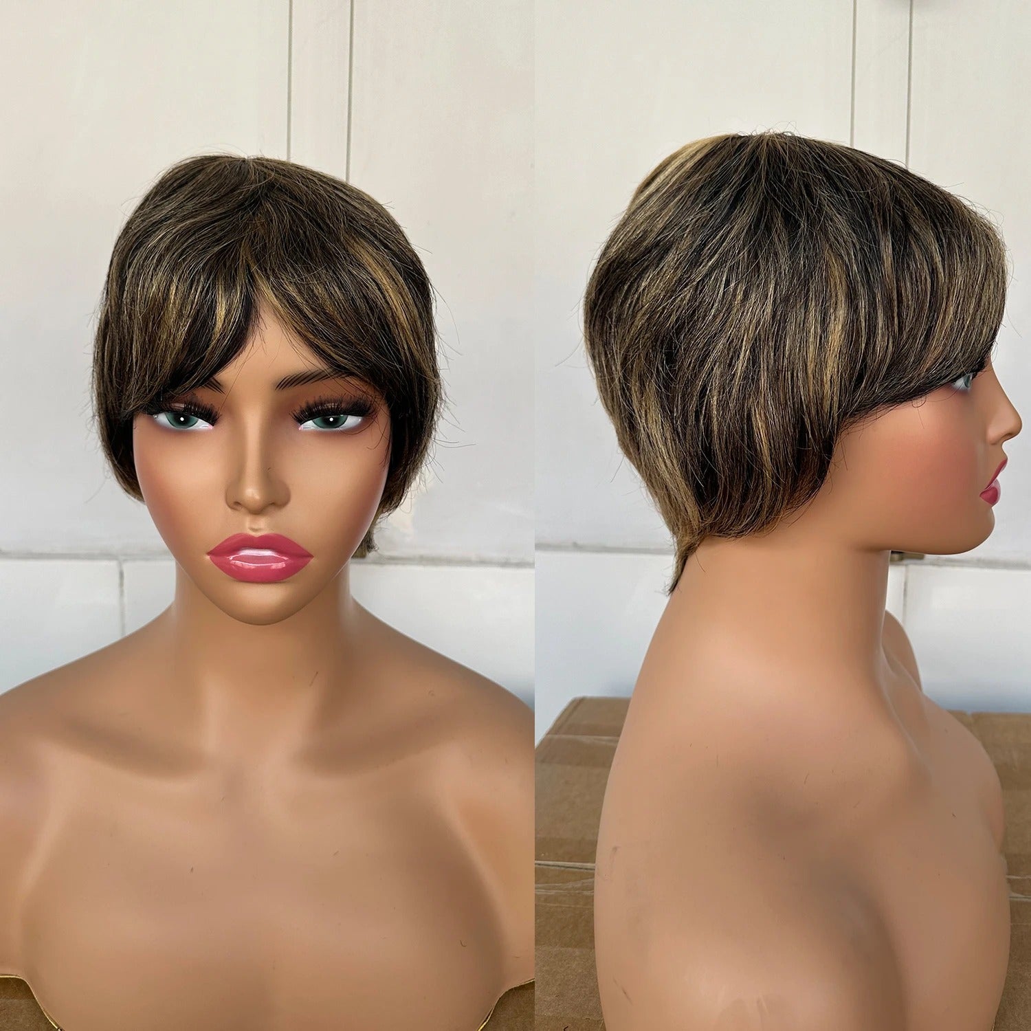 Perruque cheveux naturels brun chocolat avec mèches caramel