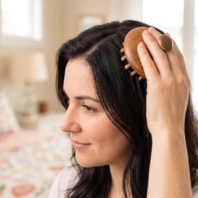 Brosse massage cuir chevelu​- femme qui se masse la tête 