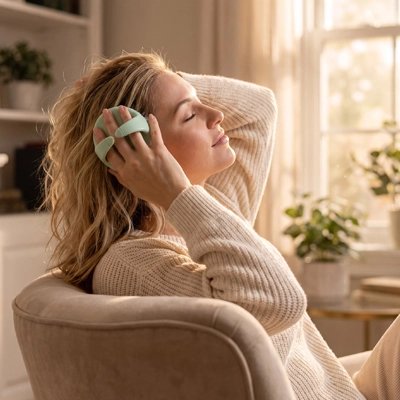Brosse massage cuir chevelu​- Femme relaxée avec sa brosse