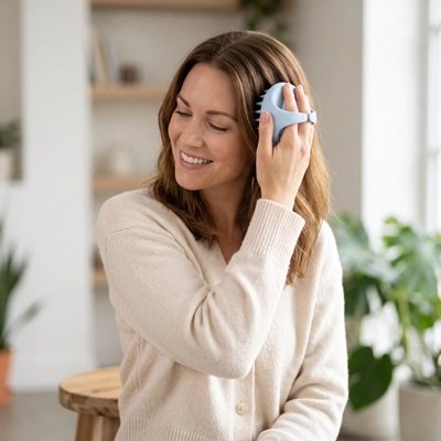 Brosse massage cuir chevelu​- femme souriante en l'utilisant