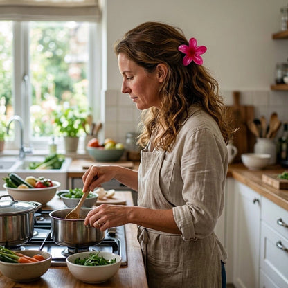 Pince fleur cheveux- Femme qui cuisine avec sa pince aux cheveux